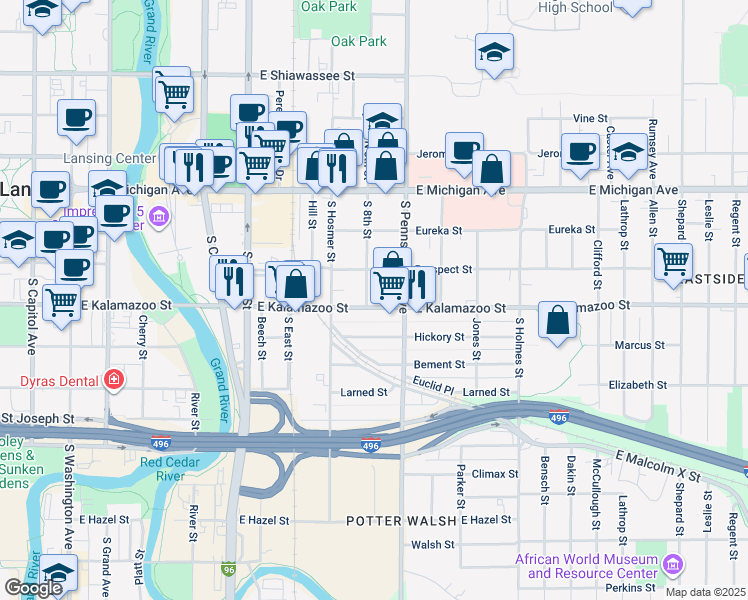 map of restaurants, bars, coffee shops, grocery stores, and more near 312 South 8th Street in Lansing