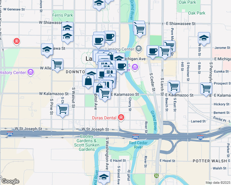 map of restaurants, bars, coffee shops, grocery stores, and more near 333-399 South Grand Avenue in Lansing