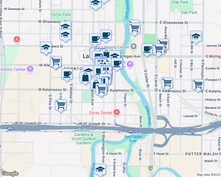 map of restaurants, bars, coffee shops, grocery stores, and more near 325 South Washington Square in Lansing