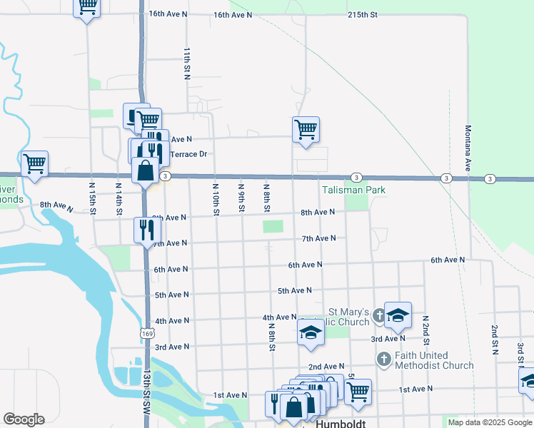 map of restaurants, bars, coffee shops, grocery stores, and more near 801 North 8th Street in Humboldt