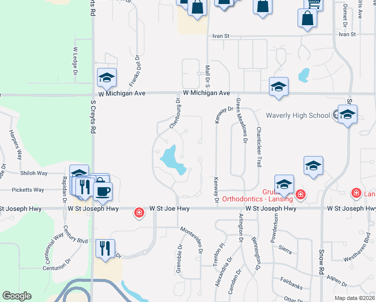 map of restaurants, bars, coffee shops, grocery stores, and more near 325 Geneva Circle in Lansing