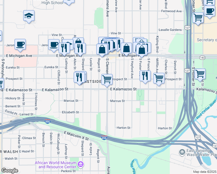 map of restaurants, bars, coffee shops, grocery stores, and more near 325 South Clemens Avenue in Lansing