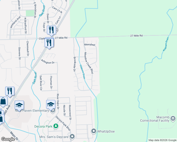 map of restaurants, bars, coffee shops, grocery stores, and more near 33130 27 Mile Road in New Haven