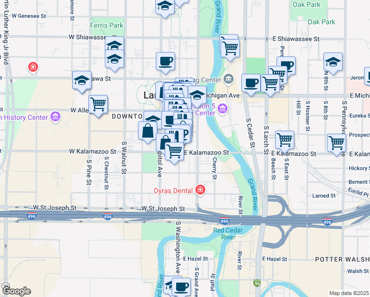 map of restaurants, bars, coffee shops, grocery stores, and more near 325 South Washington Square in Lansing