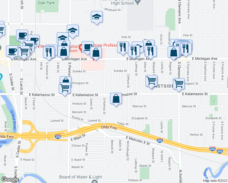 map of restaurants, bars, coffee shops, grocery stores, and more near 1331 East Kalamazoo Street in Lansing