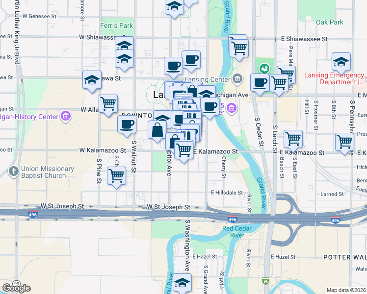 map of restaurants, bars, coffee shops, grocery stores, and more near 325 South Washington Square in Lansing
