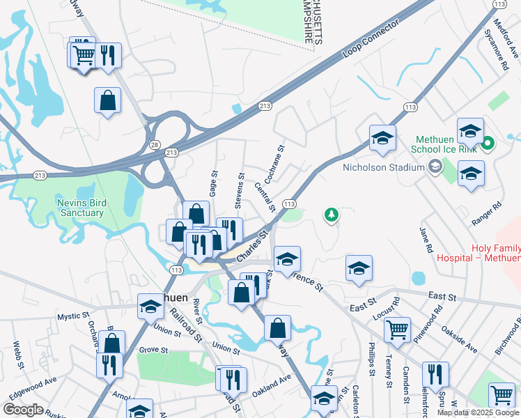 map of restaurants, bars, coffee shops, grocery stores, and more near 11 Tremont Street in Methuen