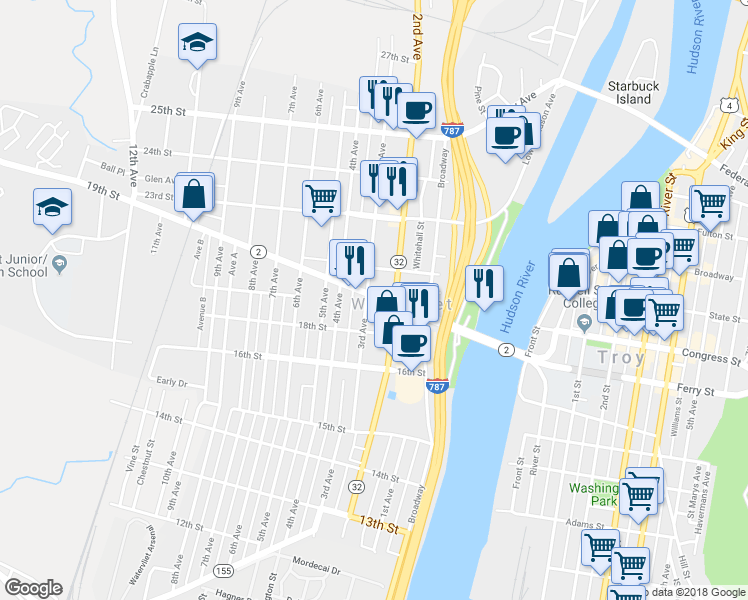 map of restaurants, bars, coffee shops, grocery stores, and more near in Watervliet