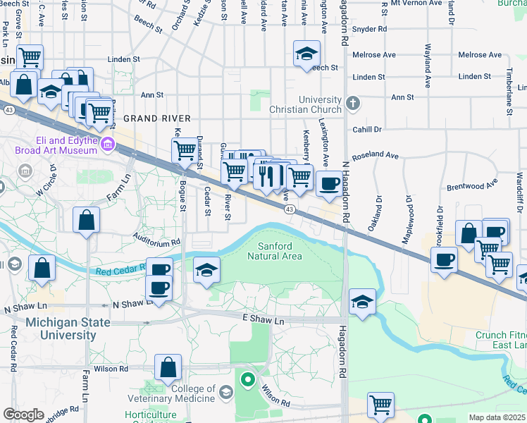 map of restaurants, bars, coffee shops, grocery stores, and more near 1215 Michigan 43 in East Lansing