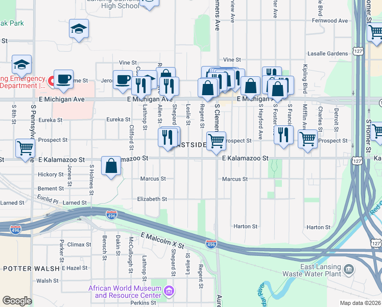 map of restaurants, bars, coffee shops, grocery stores, and more near in Lansing