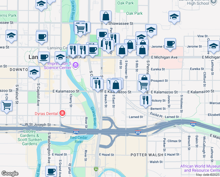 map of restaurants, bars, coffee shops, grocery stores, and more near 630 Park Place in Lansing