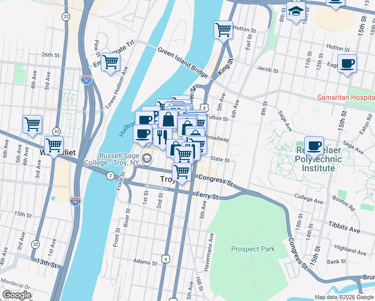 map of restaurants, bars, coffee shops, grocery stores, and more near 58 3rd Street in Troy