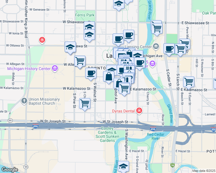 map of restaurants, bars, coffee shops, grocery stores, and more near 222 West Kalamazoo Street in Lansing Charter Township