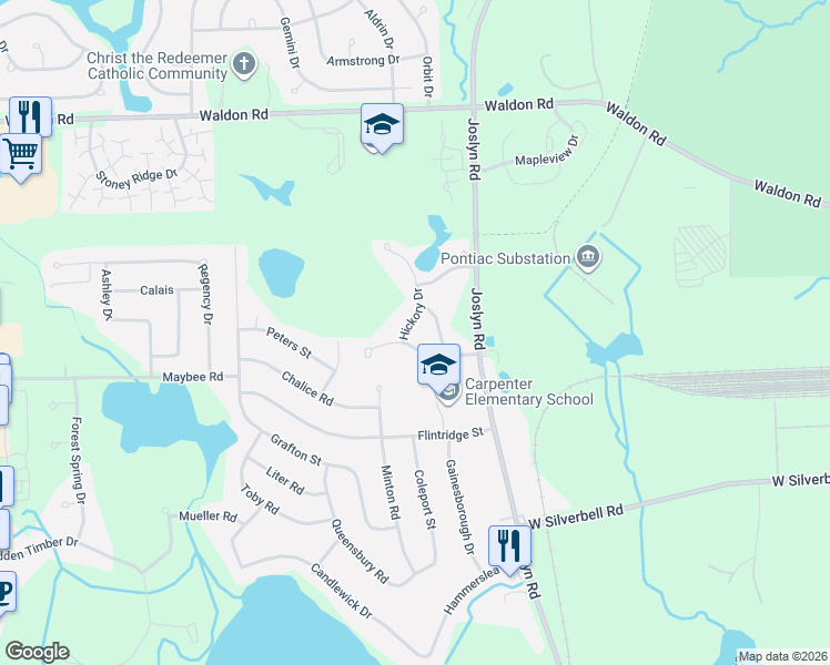 map of restaurants, bars, coffee shops, grocery stores, and more near 3319 Hickory Drive in Orion charter Township