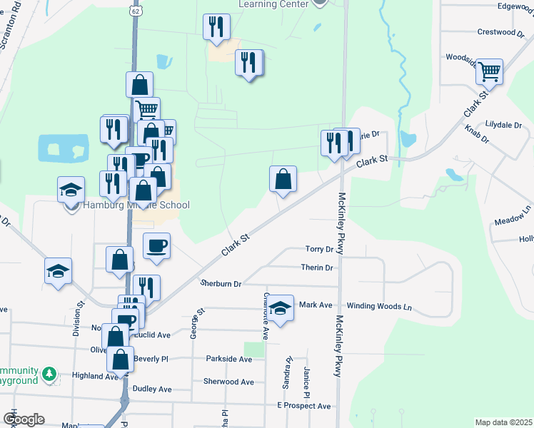 map of restaurants, bars, coffee shops, grocery stores, and more near 4436 Clark St in Hamburg
