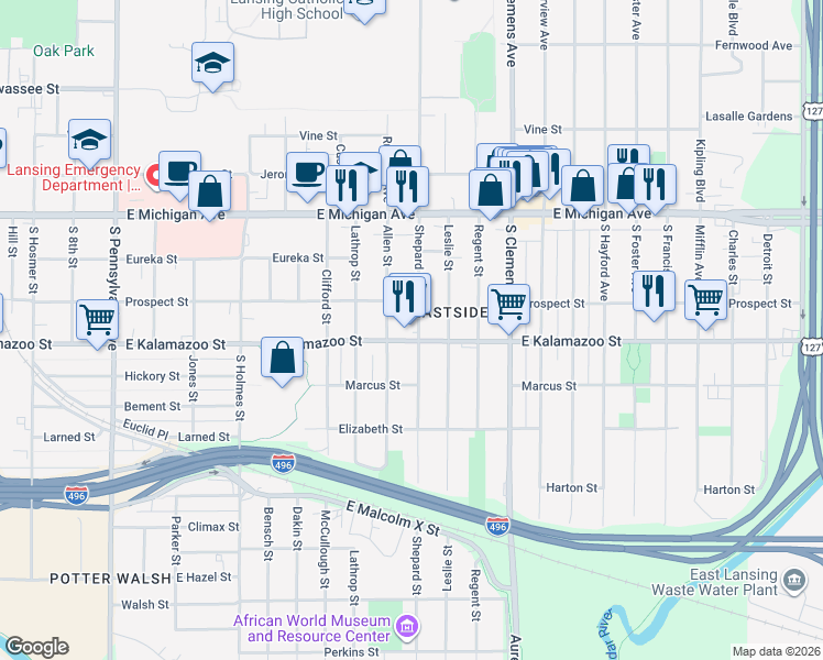 map of restaurants, bars, coffee shops, grocery stores, and more near 1629 East Kalamazoo Street in Lansing