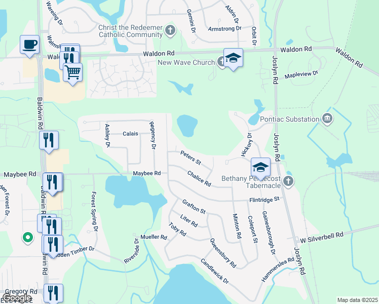 map of restaurants, bars, coffee shops, grocery stores, and more near 2540 Peters Street in Orion charter Township