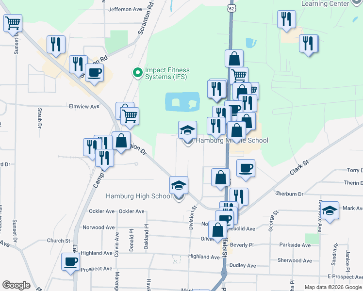 map of restaurants, bars, coffee shops, grocery stores, and more near 360 Division Street in Hamburg