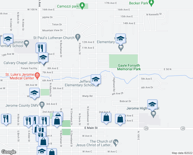 map of restaurants, bars, coffee shops, grocery stores, and more near 800 North Fillmore Street in Jerome