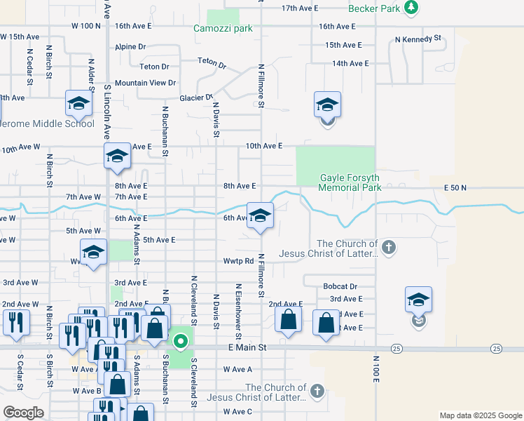 map of restaurants, bars, coffee shops, grocery stores, and more near 800 North Fillmore Street in Jerome