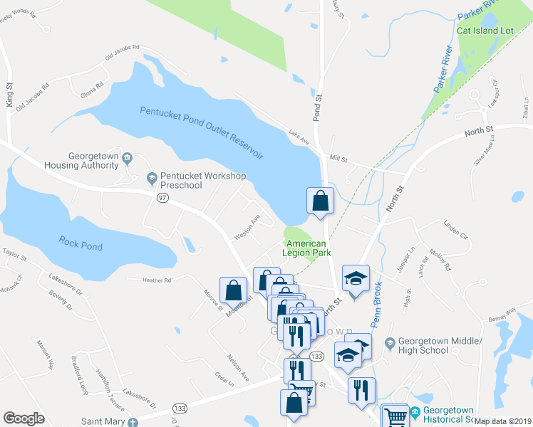 map of restaurants, bars, coffee shops, grocery stores, and more near 16 Bartlett Drive in Georgetown