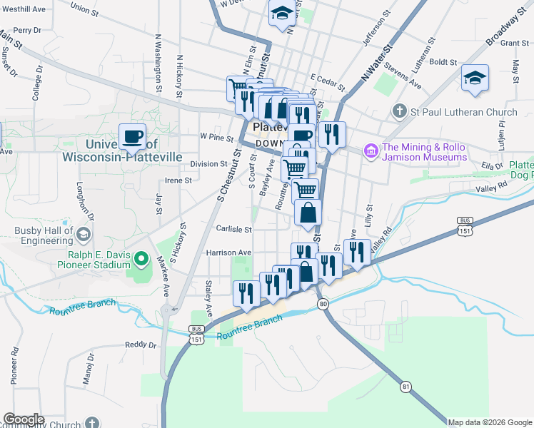 map of restaurants, bars, coffee shops, grocery stores, and more near in Platteville
