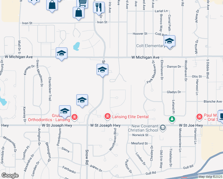 map of restaurants, bars, coffee shops, grocery stores, and more near 4808 Omar Drive in Lansing