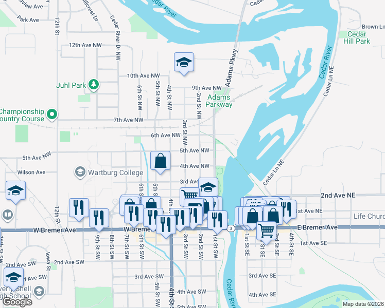 map of restaurants, bars, coffee shops, grocery stores, and more near 209 5th Avenue Northwest in Waverly