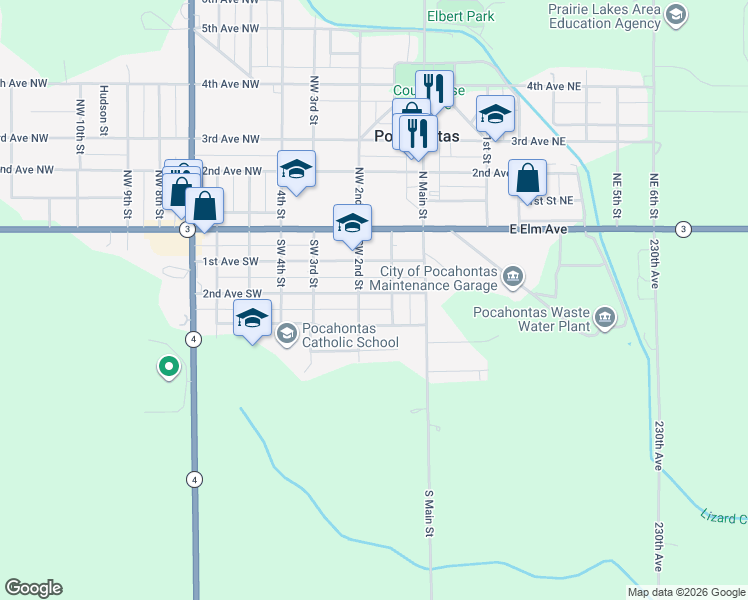 map of restaurants, bars, coffee shops, grocery stores, and more near 107 2nd Avenue Southwest in Pocahontas