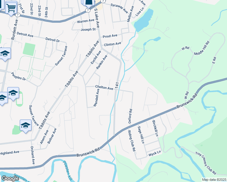 map of restaurants, bars, coffee shops, grocery stores, and more near 38 Chelton Avenue in Troy
