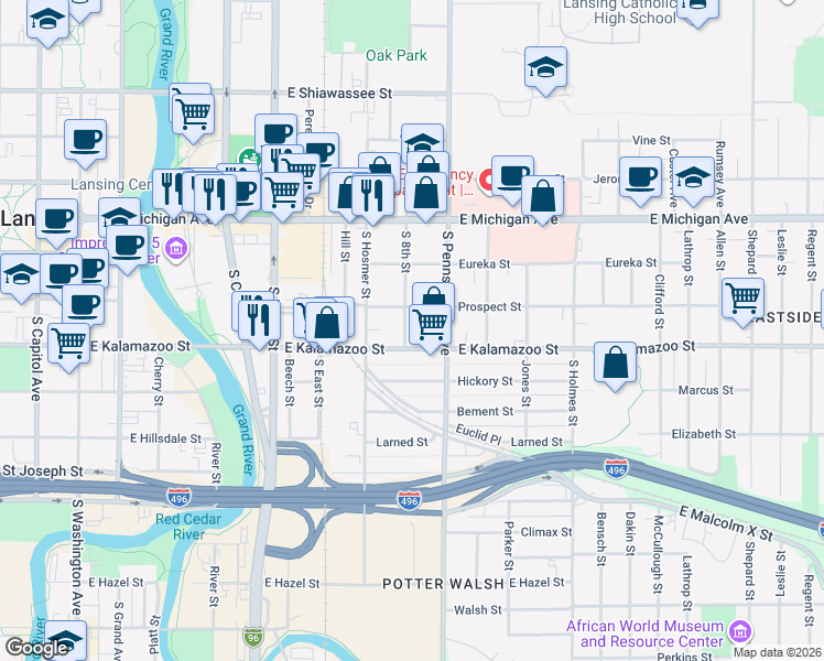 map of restaurants, bars, coffee shops, grocery stores, and more near 312 South 8th Street in Lansing