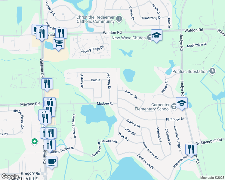 map of restaurants, bars, coffee shops, grocery stores, and more near 3361 Regency Drive in Orion charter Township