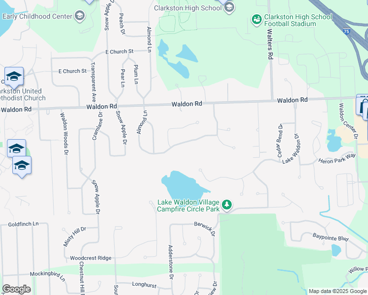 map of restaurants, bars, coffee shops, grocery stores, and more near 6357 Almond Lane in Clarkston