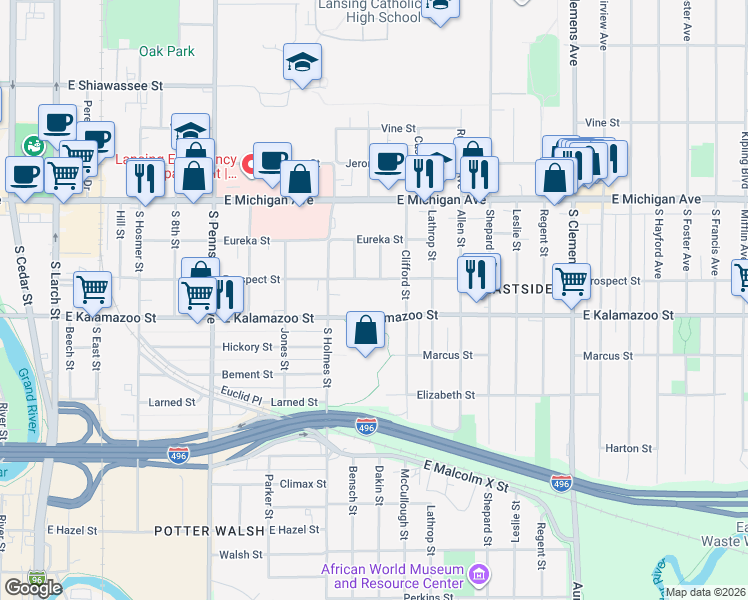 map of restaurants, bars, coffee shops, grocery stores, and more near 1401 East Kalamazoo Street in Lansing