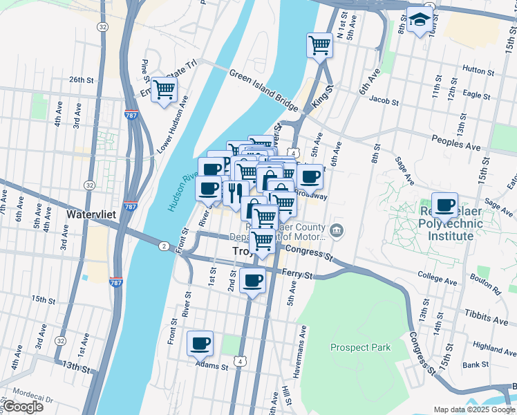 map of restaurants, bars, coffee shops, grocery stores, and more near 63 3rd Street in Troy