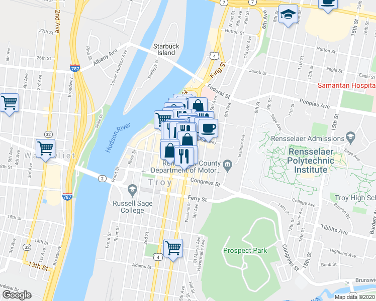 map of restaurants, bars, coffee shops, grocery stores, and more near in Troy