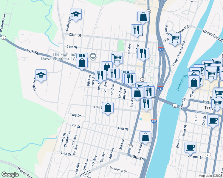 map of restaurants, bars, coffee shops, grocery stores, and more near 1834 6th Avenue in Watervliet