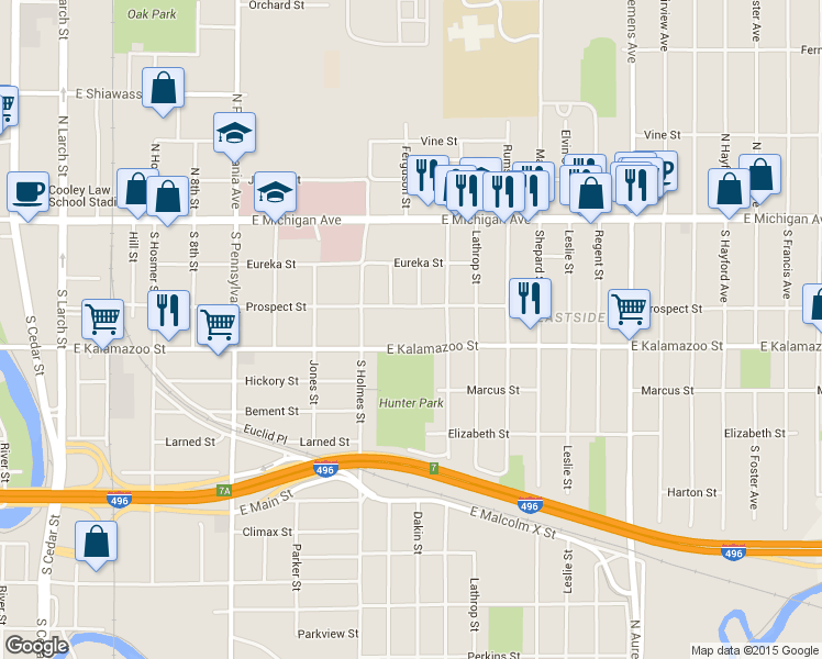 map of restaurants, bars, coffee shops, grocery stores, and more near 1401 East Kalamazoo Street in Lansing