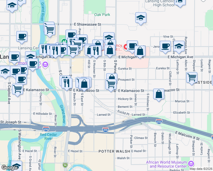 map of restaurants, bars, coffee shops, grocery stores, and more near 312 South 8th Street in Lansing