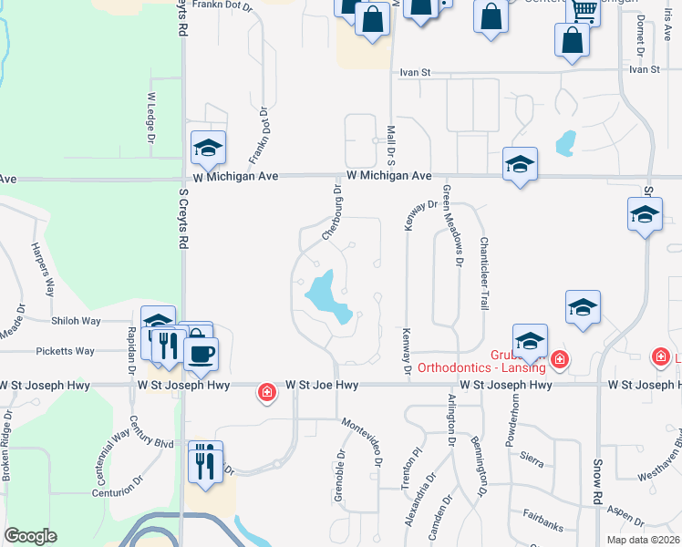 map of restaurants, bars, coffee shops, grocery stores, and more near 325 Geneva Circle in Lansing
