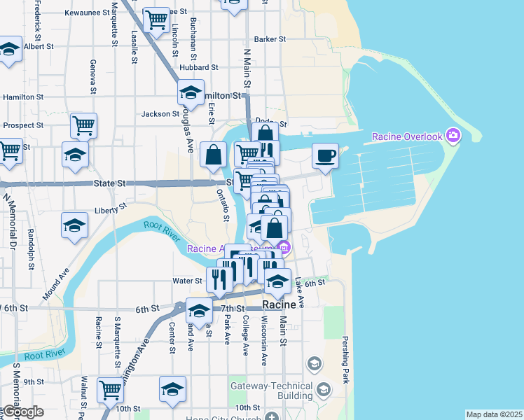 map of restaurants, bars, coffee shops, grocery stores, and more near 234 Wisconsin Avenue in Racine