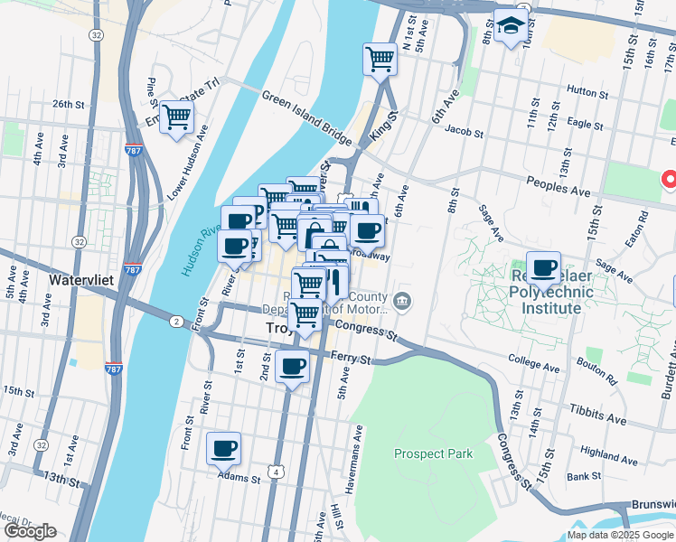 map of restaurants, bars, coffee shops, grocery stores, and more near 90 4th Street in Troy