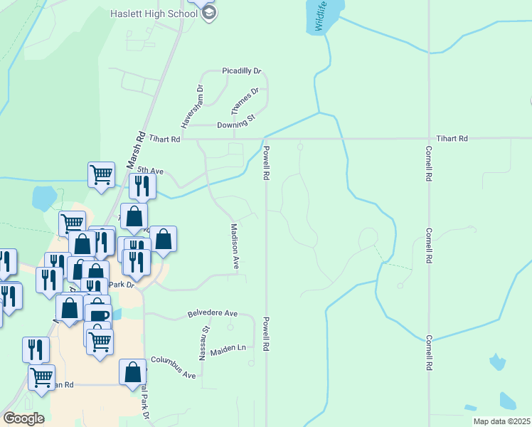 map of restaurants, bars, coffee shops, grocery stores, and more near 5163 Powell Rd in Meridian Charter Township