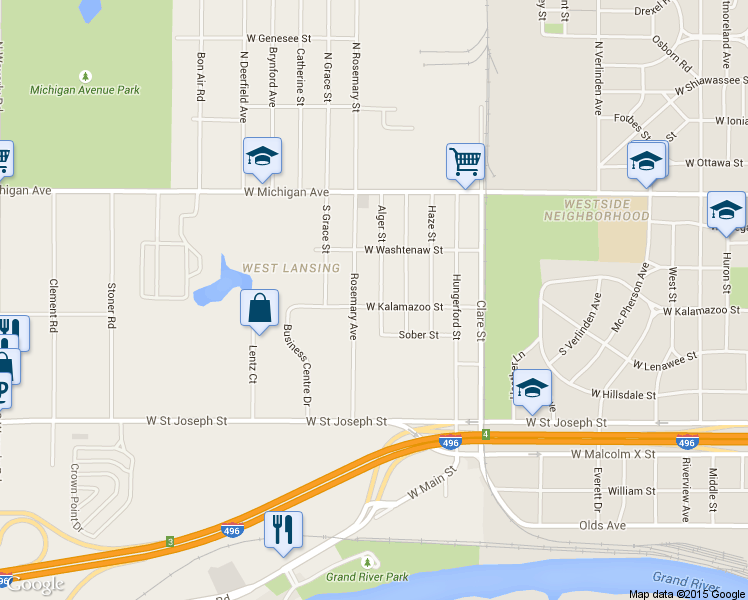 map of restaurants, bars, coffee shops, grocery stores, and more near 348 Alger Street in Lansing