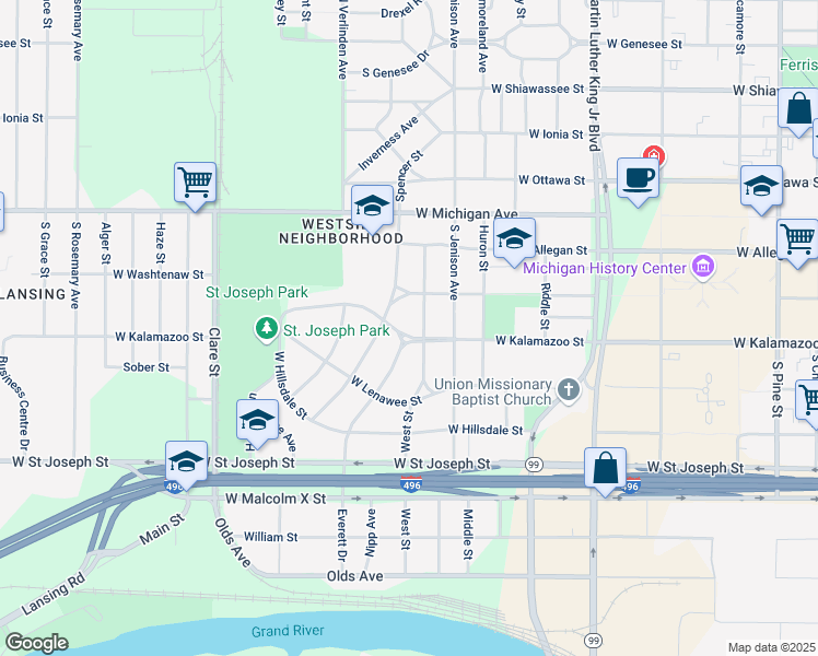 map of restaurants, bars, coffee shops, grocery stores, and more near 1610 West Kalamazoo Street in Lansing