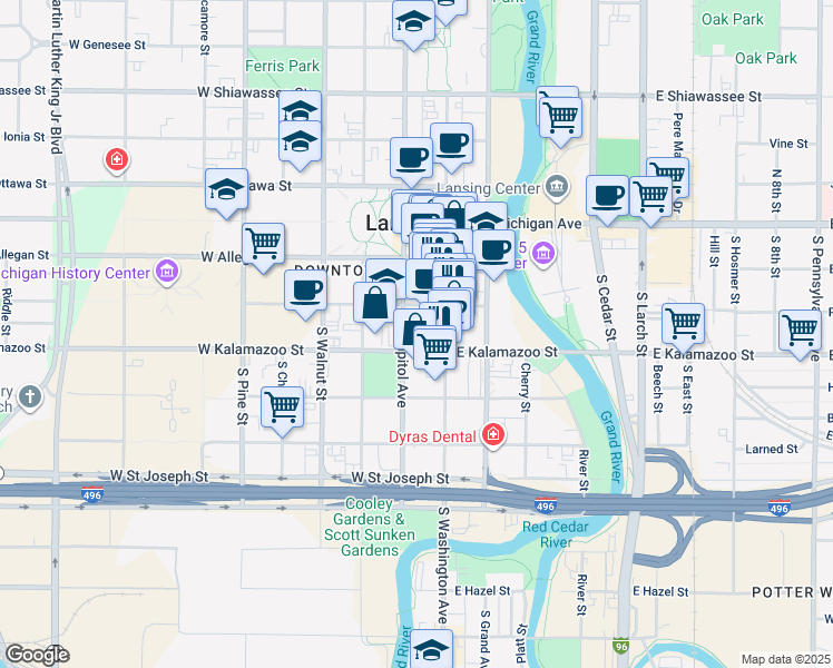 map of restaurants, bars, coffee shops, grocery stores, and more near 313 South Capitol Avenue in Lansing