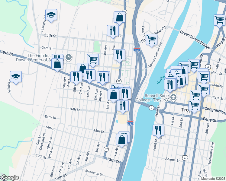 map of restaurants, bars, coffee shops, grocery stores, and more near in Watervliet