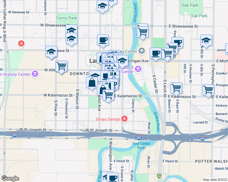 map of restaurants, bars, coffee shops, grocery stores, and more near 325 South Washington Square in Lansing