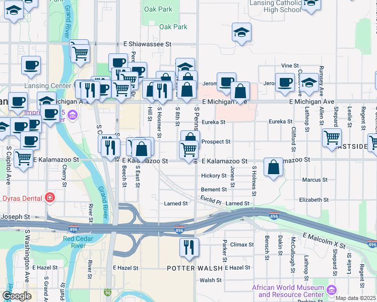 map of restaurants, bars, coffee shops, grocery stores, and more near 316 South Pennsylvania Avenue in Lansing