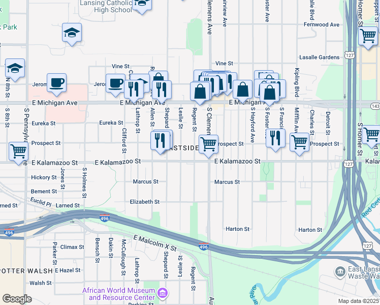 map of restaurants, bars, coffee shops, grocery stores, and more near 314 Regent Street in Lansing